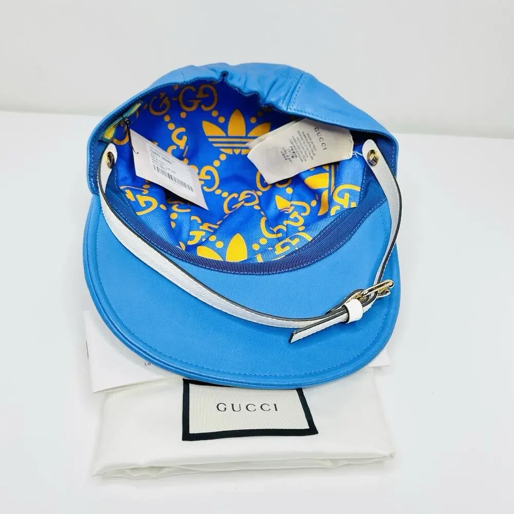 NWT Gucci x Adidas Blue Leather Logo Baseball Cap Hat L 58cm Removable Strap